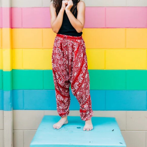 Kids Red Lotus Harem Pant Unisex Cotton Printed Travel Boho Hippie Pants Red - Picture 2 of 9